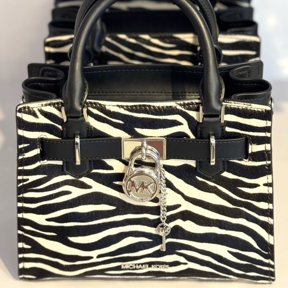 Michael Kors Hamilton Small Zebra Print Calf Hair Satchel Bag Black Multi - Picture 5 of 9